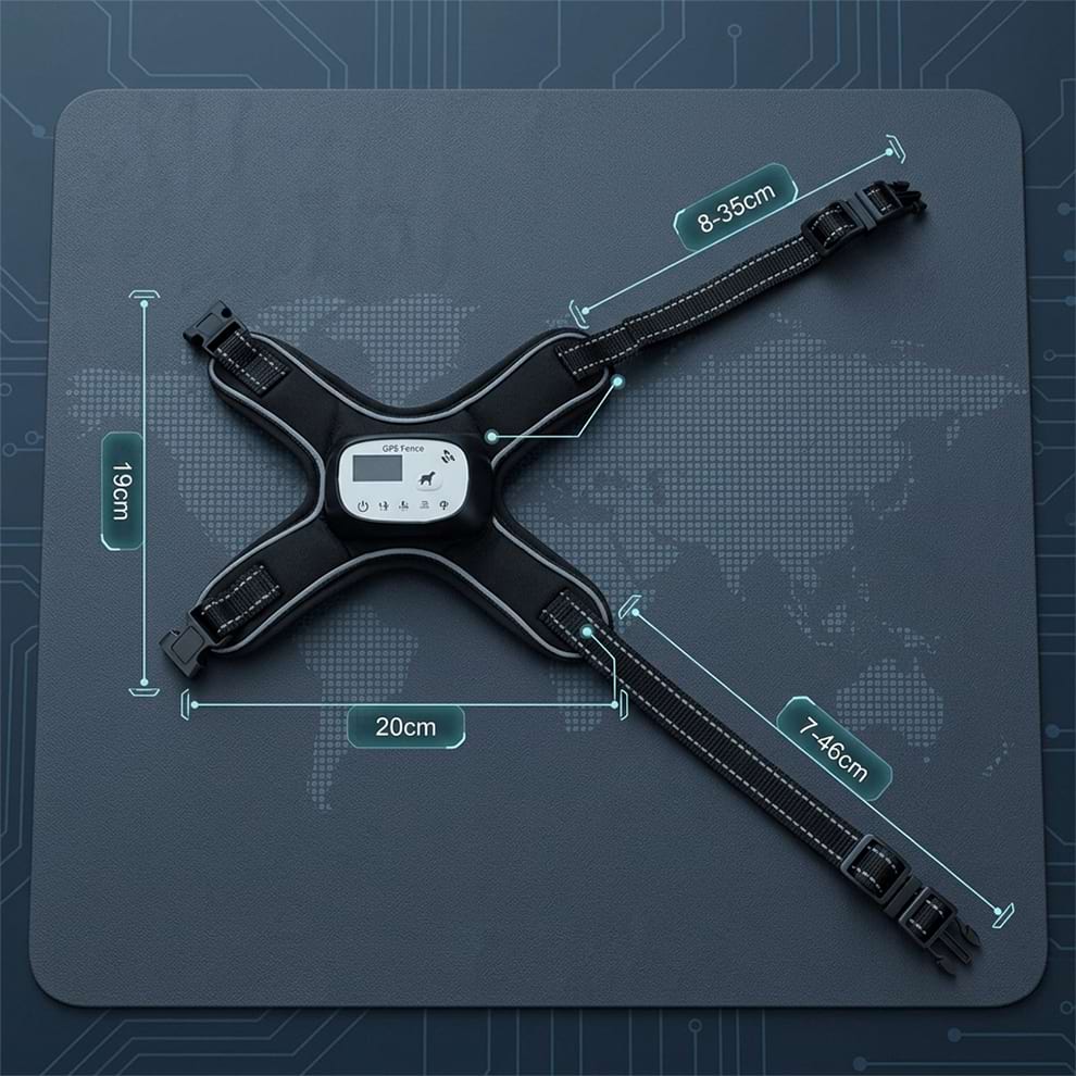 Size guide for the adjustable GPS dog fence harness, detailing strap dimensions from 8 to 46 cm to ensure a secure and comfortable fit.