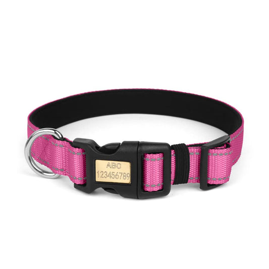 Adjustable nylon dog collar in bright roseo pink, equipped with a smooth-slide buckle for a quick, secure, and custom fit.