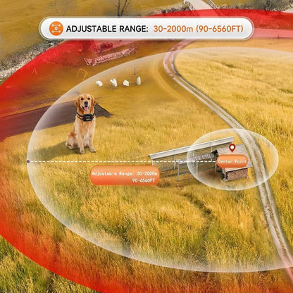 Adjustable range GPS dog boundary from 30 to 2000m (90 to 6560FT), demonstrating a secure center point for a Golden Retriever in a large field.