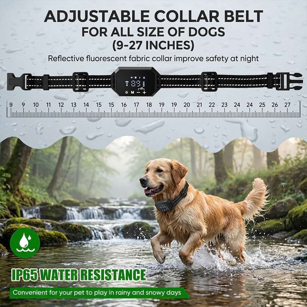 Adjustable reflective fluorescent fabric collar belt suitable for all sizes of dogs from 9 to 27 inches, featuring IP65 water resistance.