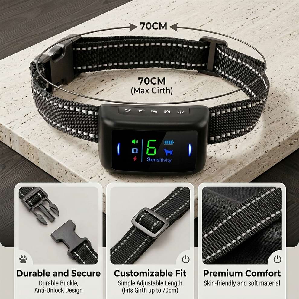 Adjustable and skin-friendly dog bark collar with a durable anti-unlock buckle, fitting neck girths up to 70cm for premium comfort.