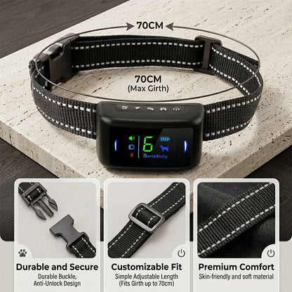 Adjustable and skin-friendly dog bark collar with a durable anti-unlock buckle, fitting neck girths up to 70cm for premium comfort.