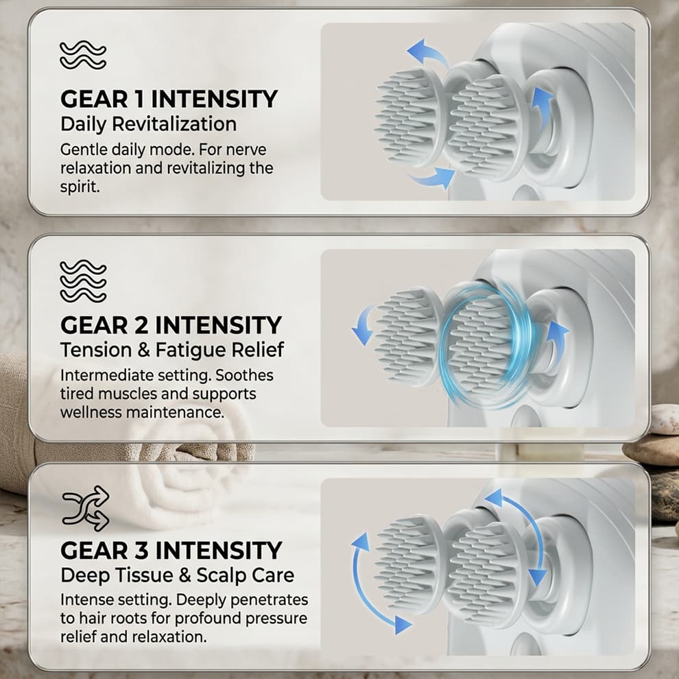 Adjustable speed cat massager featuring 3 intensity gears for daily revitalization, tension relief, and deep tissue care.