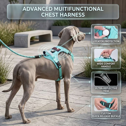 Advanced multifunctional chest harness features including locator protection, a wide comfort handle, ultra-reflective trim, and a custom quick-release buckle.