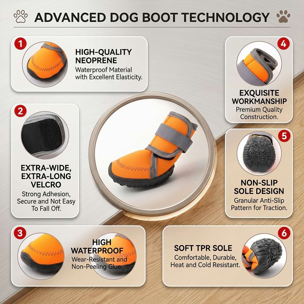 Advanced waterproof dog booties featuring high-quality neoprene, extra-wide velcro for strong adhesion, and a durable soft TPR sole.