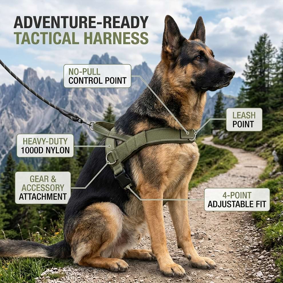 Adventure-ready tactical harness made of 1000D nylon, featuring gear and accessory attachment points that make it the perfect saddle bag harness for dogs.
