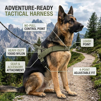 Adventure-ready tactical harness made of 1000D nylon, featuring gear and accessory attachment points that make it the perfect saddle bag harness for dogs.