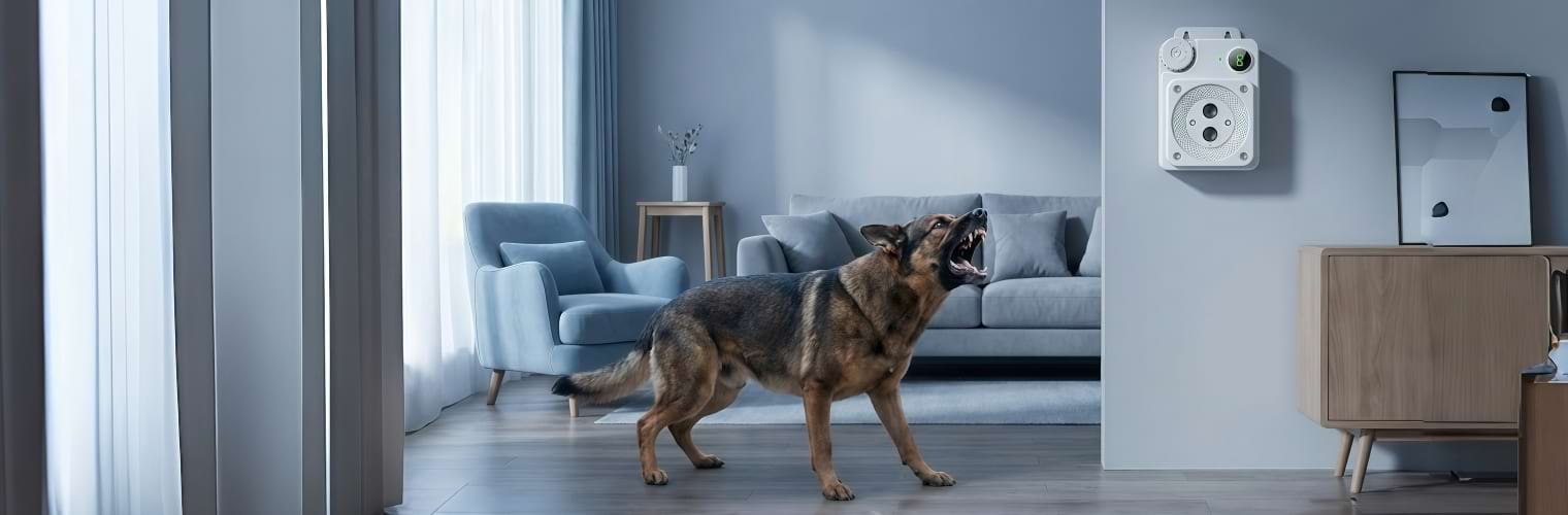 A German Shepherd barking aggressively in a living room. Illustrates the problem of excessive noise and nuisance barking before using the Ultrasonic Anti Barking Device.
