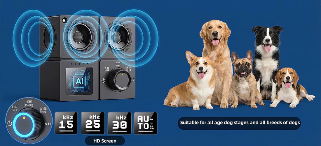 AI Smart Dog Silencer with HD screen, scientifically proven suitable for all dog breeds and ages from puppies to seniors.