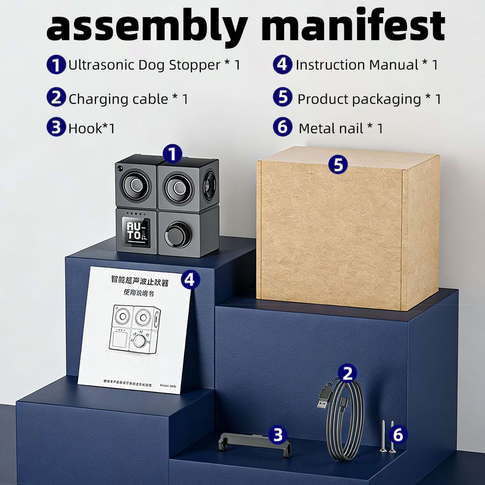 Complete package of Anti Barking Device including USB charging cable, mounting hook, metal nail, and instruction manual.