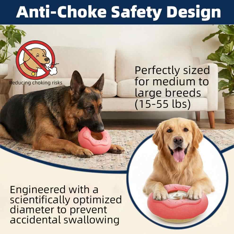 Safety size guide for treat dispensing dog toys suitable for medium to large breeds.