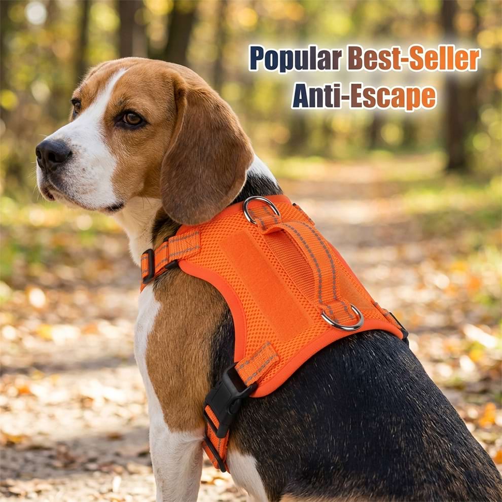 Popular best-seller anti-escape dog harness worn by a Beagle, ensuring a secure and comfortable fit during active outdoor adventures.