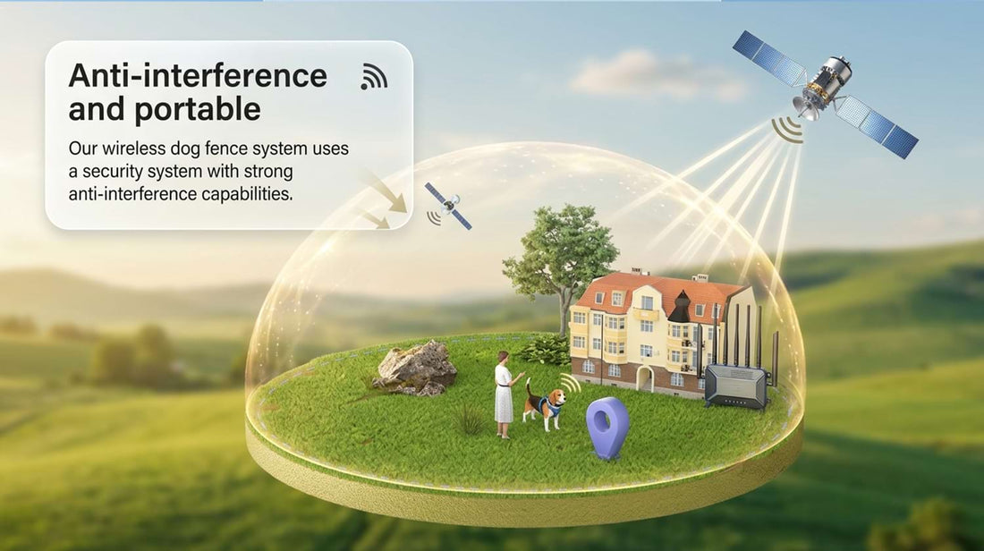 Anti-interference and portable wireless dog fence system, creating a secure virtual dome around a house to keep pets safe outdoors.