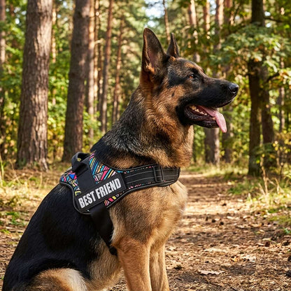 Anti-pull chest harness worn by a strong German Shepherd in the woods, providing excellent control without choking the dog's neck.