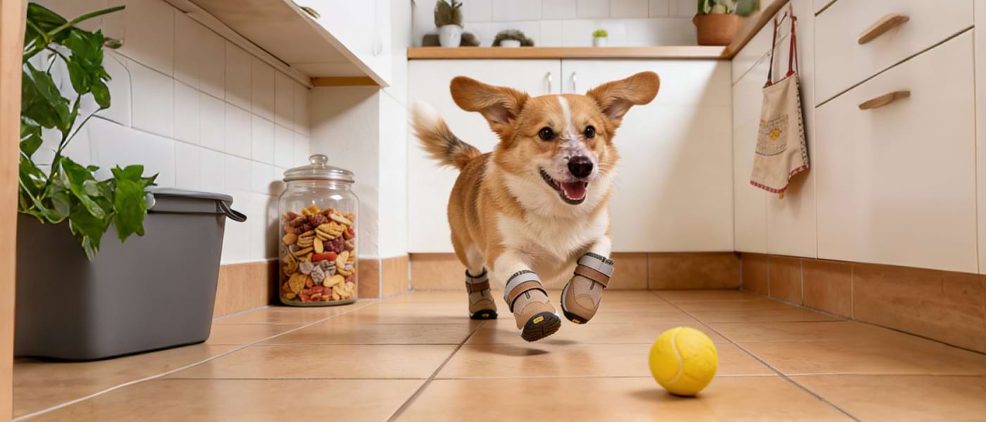 Happy Corgi running fast on slippery kitchen tiles wearing Khaki Non-Slip Dog Boots, demonstrating excellent traction and grip for active dogs indoors.