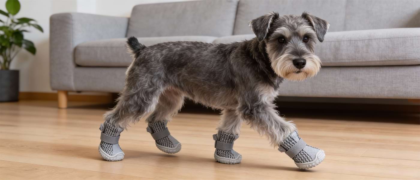 Side view of a dog walking on smooth wood flooring with Anti-Slip Dog Boots in grey for better traction.
