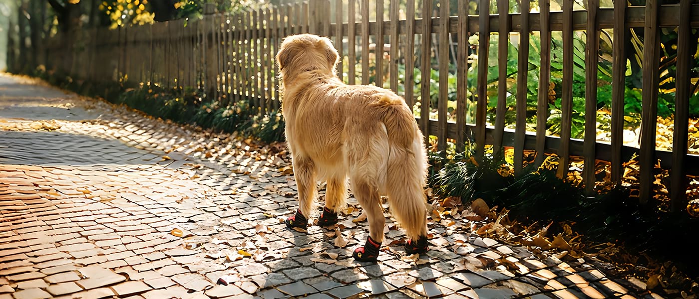 Rear view of a dog wearing anti-slip dog boots in red, demonstrating grip and stability on uneven pavement and leaves.