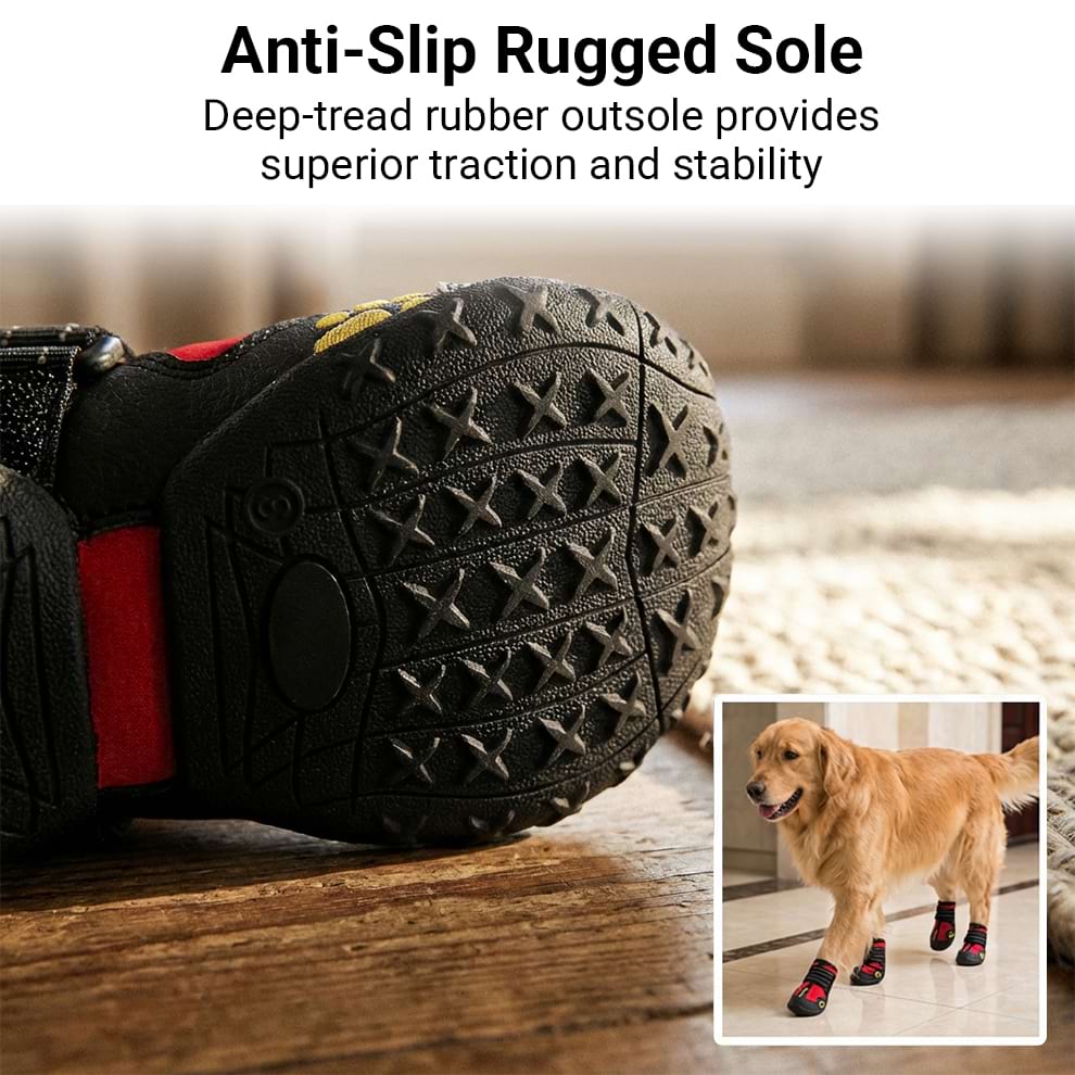 Close-up of anti-slip dog boots with deep-tread rubber outsole for superior traction on ice and hardwood floors.