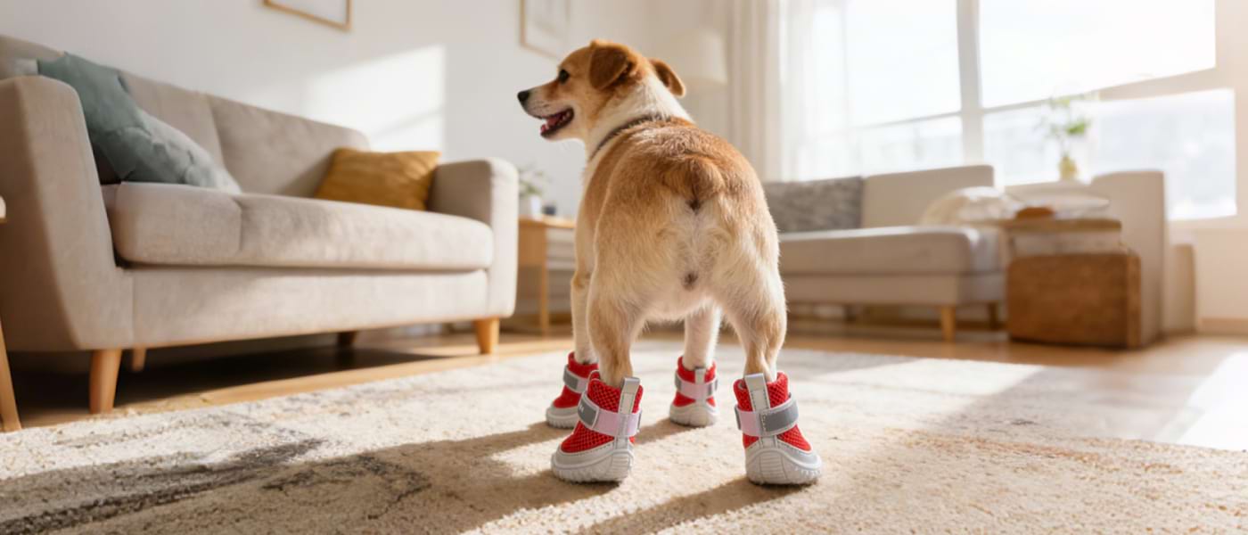 Rear view of Anti-slip dog shoes in red, showing the secure heel fit that provides Hardwood Floor Protection from scratches.