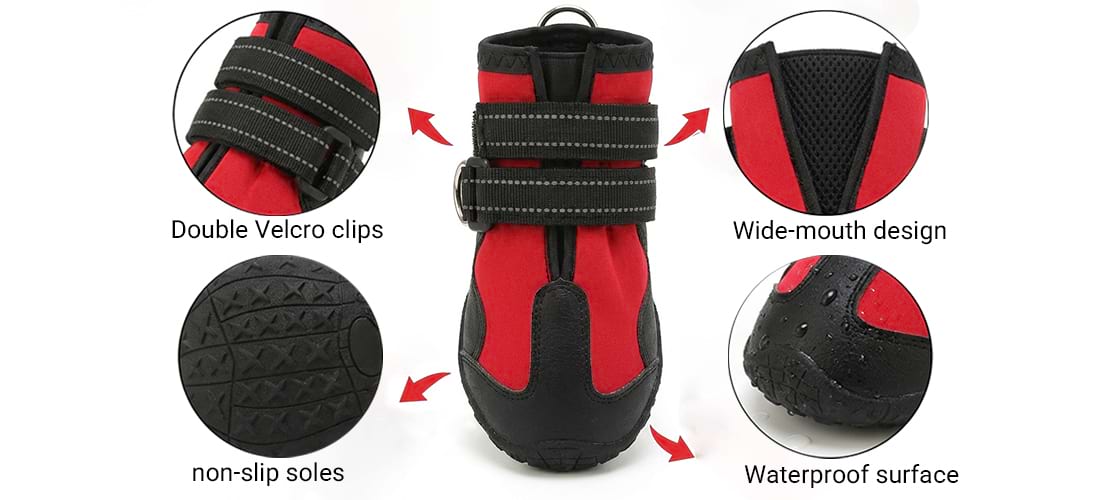 Dog boots for large dogs featuring double velcro clips for security, wide-mouth design for easy wear, non-slip soles for traction, and waterproof surface.