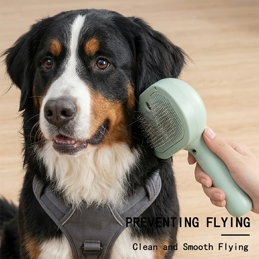 Anti-static dog deshedding brush used on a Bernese Mountain Dog, utilizing fine mist technology to prevent flying hair and keep your home clean.