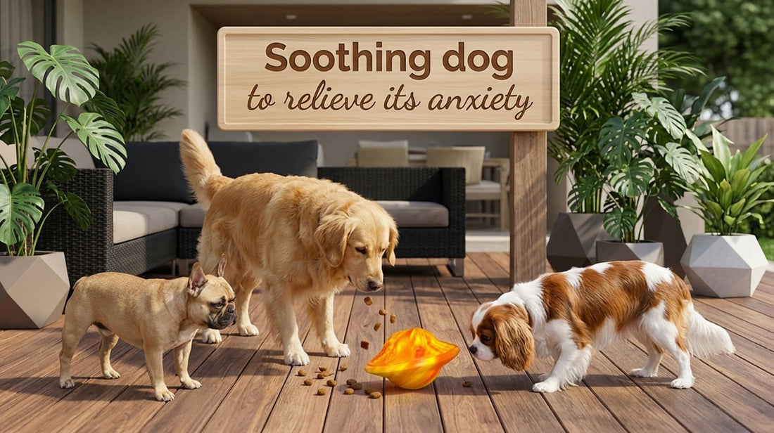 Anxiety relief dog toy dispenser keeping multiple dogs happily engaged on a patio, soothing their nerves through focused, rewarding playtime.