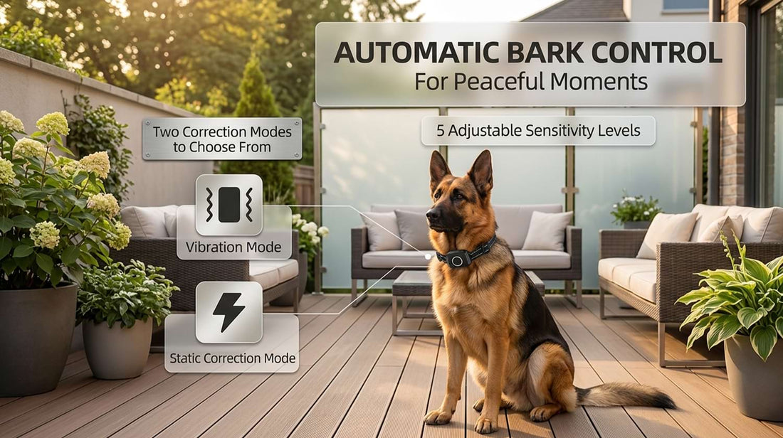 Automatic bark control feature for peaceful moments, offering vibration and static correction modes, demonstrated by a calm German Shepherd.