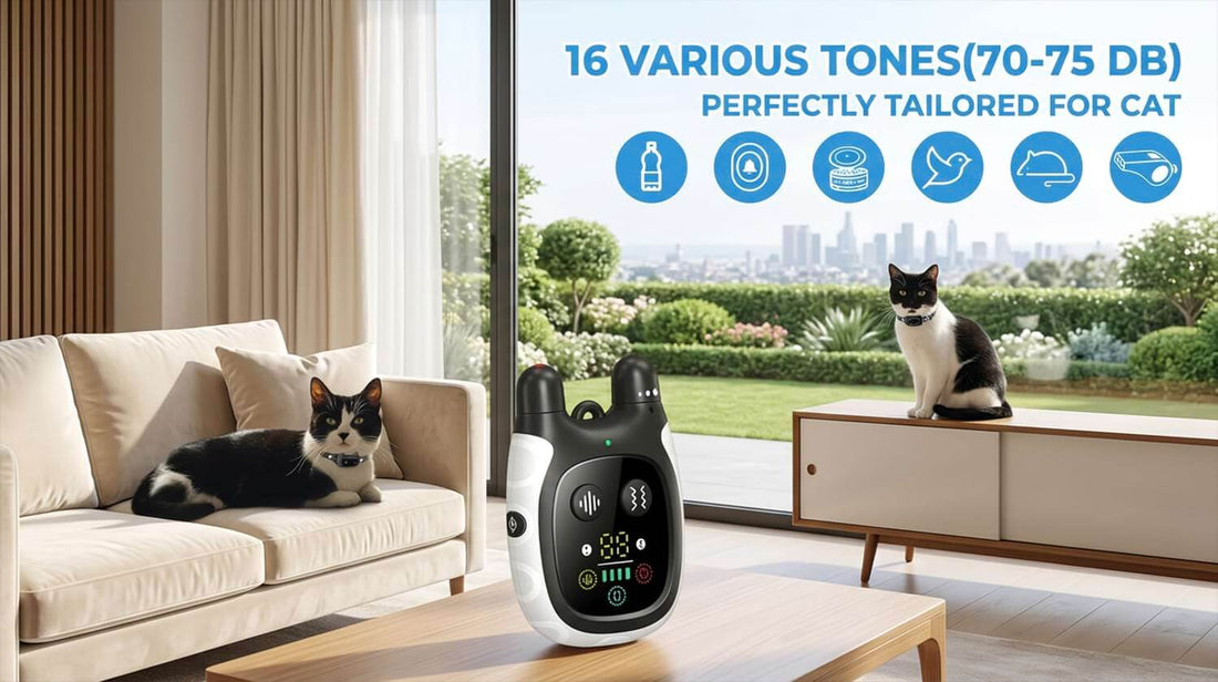 Automatic cat toy and training collars for cats featuring 16 gentle tones tailored for felines, providing a safe and effective training experience.
