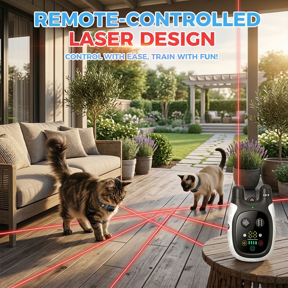Automatic laser cat toy integrated into training collars for cats, featuring a remote-controlled design for fun and interactive play.