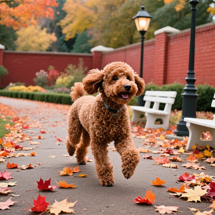 Brown Poodle walking on an autumn leaf path - Sovelivee Active Dog Lifestyle.