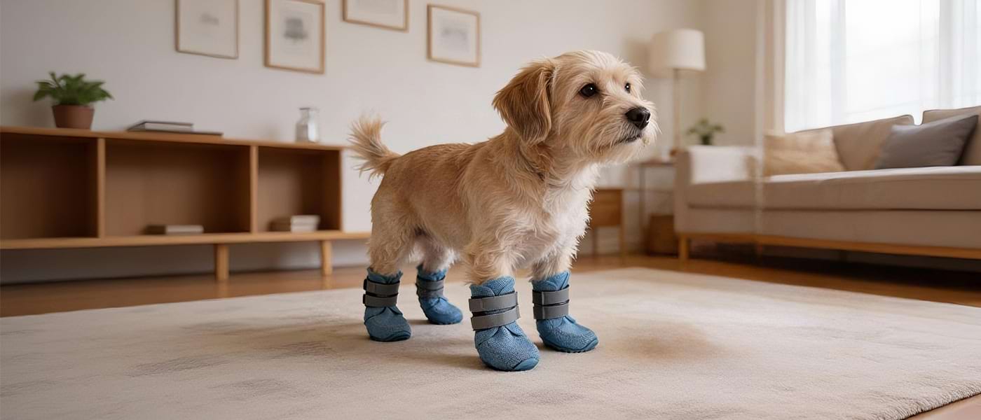Blue dog booties with anti-slip soles worn by a terrier in a living room setting.