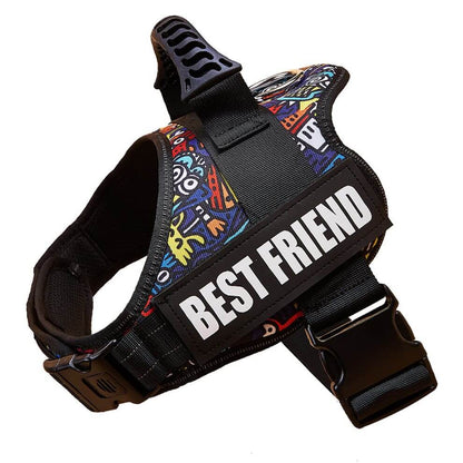 Blue halloween graffiti style large dog harness with reflective design