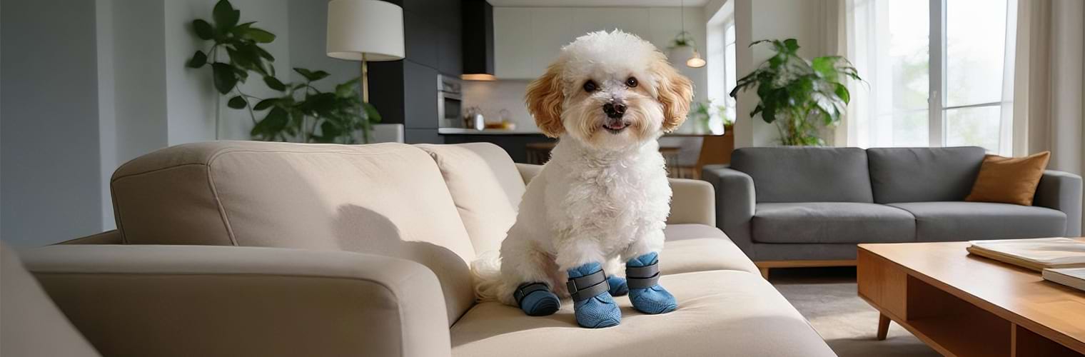 Mesh dog shoes in blue, modeled by a small breed on a sofa to showcase the stylish and secure fit.