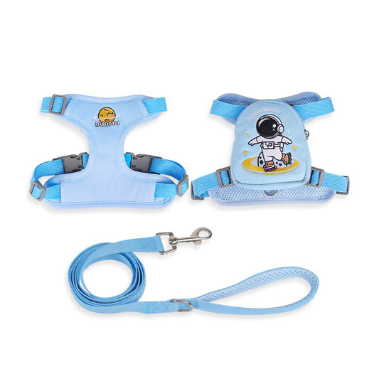 Blue spacewalk dog backpack harness set, designed with a lightweight and breathable mesh fabric for ultimate pet comfort.