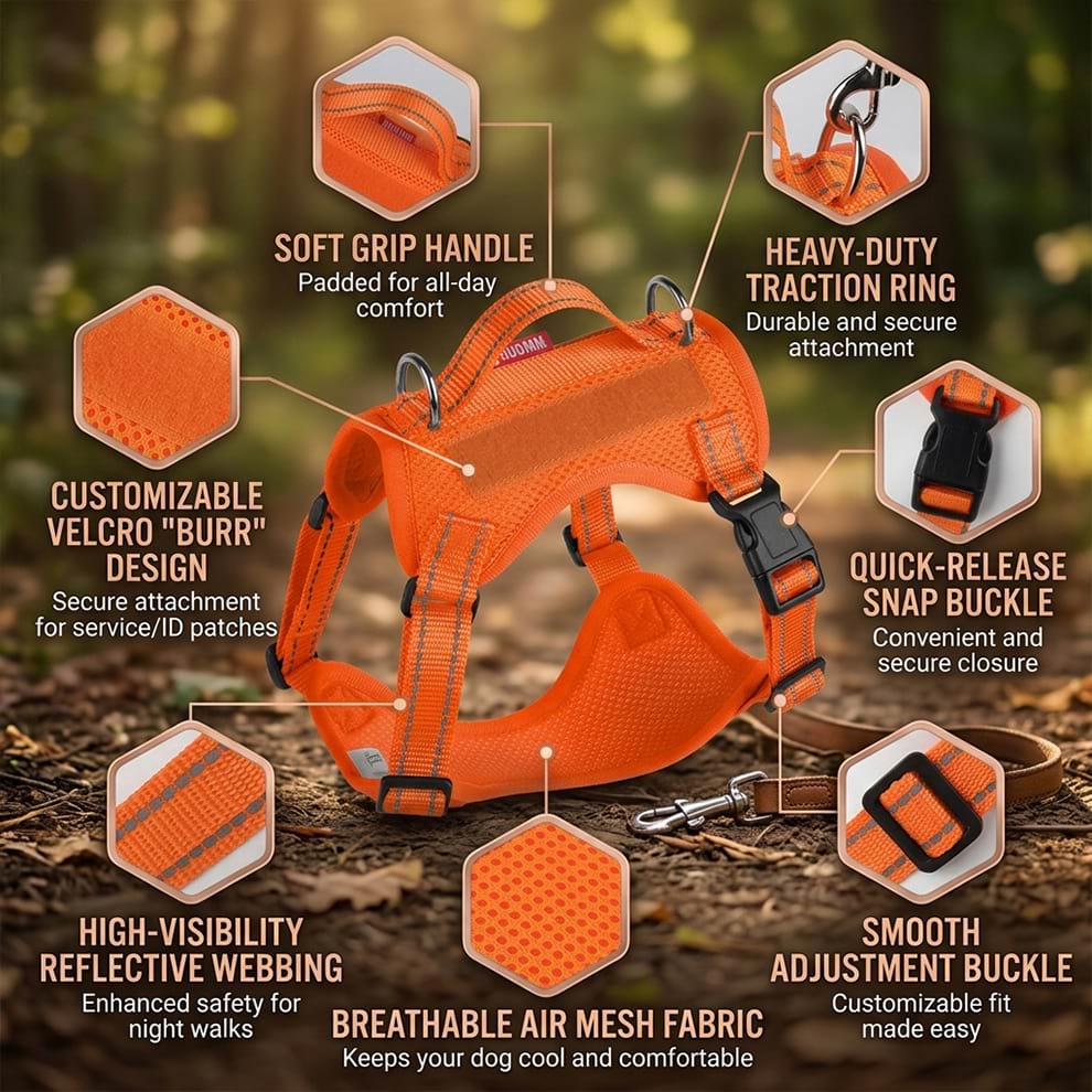 Detailed features of the breathable air mesh dog vest, including a soft grip handle, heavy-duty traction ring, and smooth adjustment buckle.