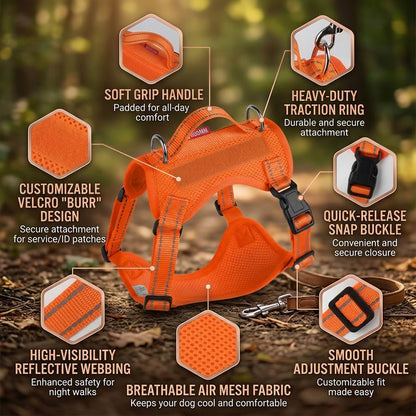 Detailed features of the breathable air mesh dog vest, including a soft grip handle, heavy-duty traction ring, and smooth adjustment buckle.