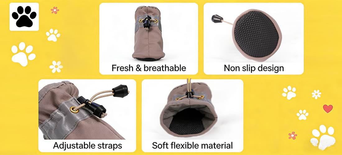 Key features of our Lightweight Dog Shoes: fresh and breathable fabric, a Non-Slip rubber sole design, adjustable straps for a secure fit, and soft flexible material that acts as comfortable Paw Protectors.