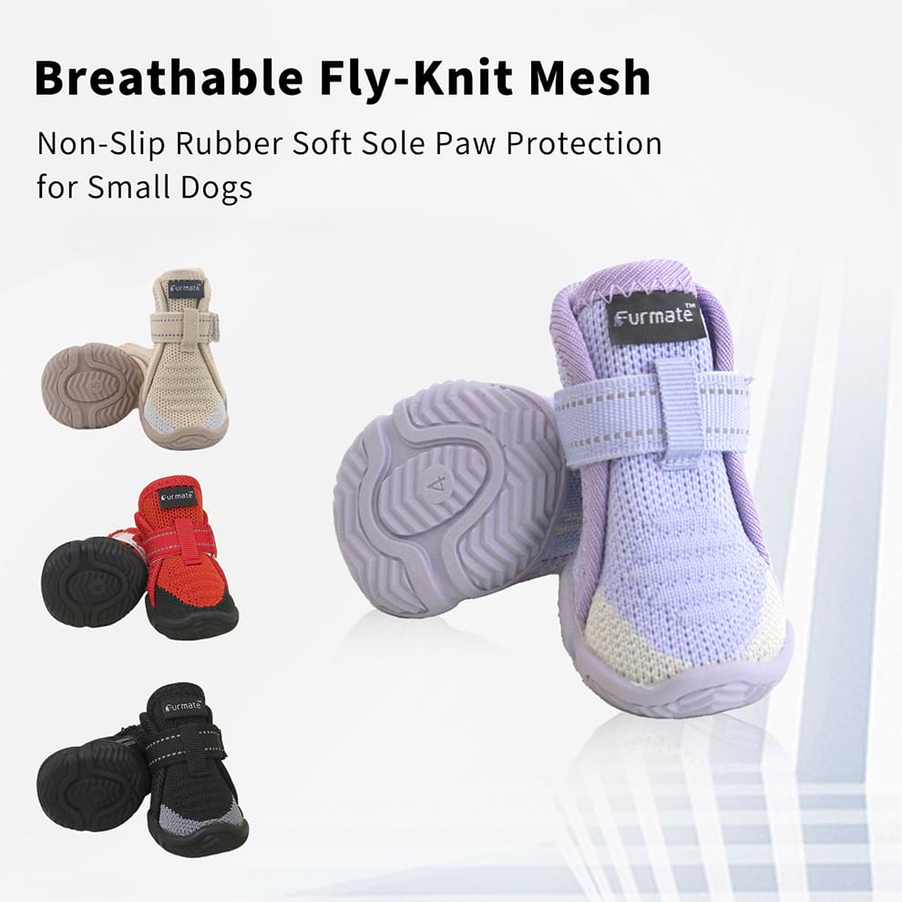 Breathable Dog Shoes for Small Dogs displaying fly-knit mesh texture and flexible non-slip rubber bottoms.