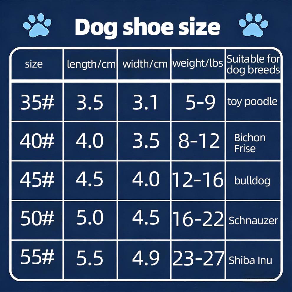 Sizing guide for Breathable Dog Shoes with measurements for breeds like Poodle, Bulldog, and Shiba Inu.