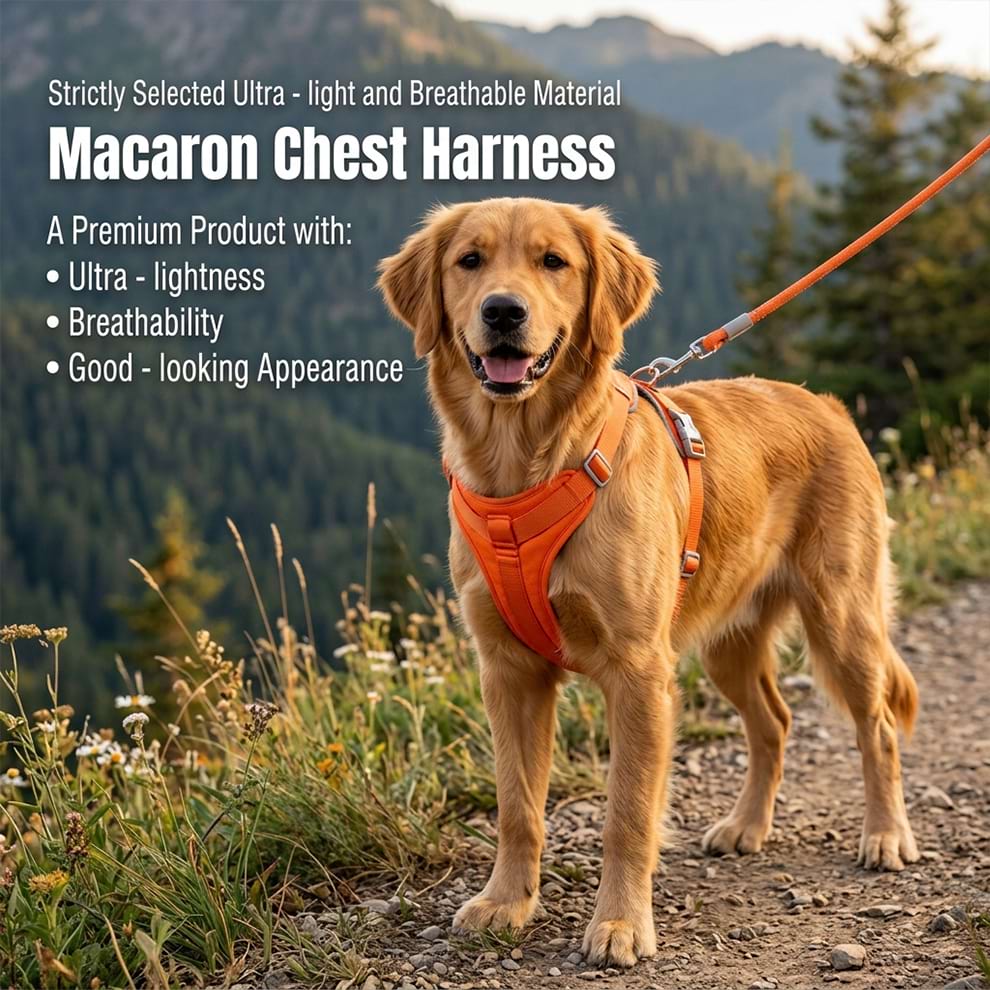 Breathable dog walking harness worn by a happy Golden Retriever outdoors, providing ultimate protection and comfort during adventures.
