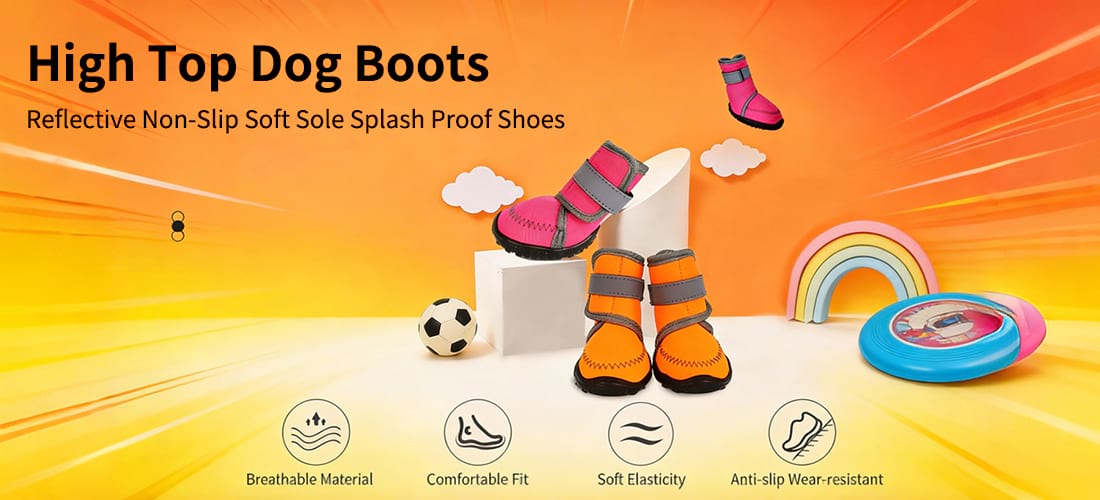 High Top Dog Boots key benefits infographic showing breathable material, comfortable fit, soft elasticity, and anti-slip wear-resistant sole for active dogs.