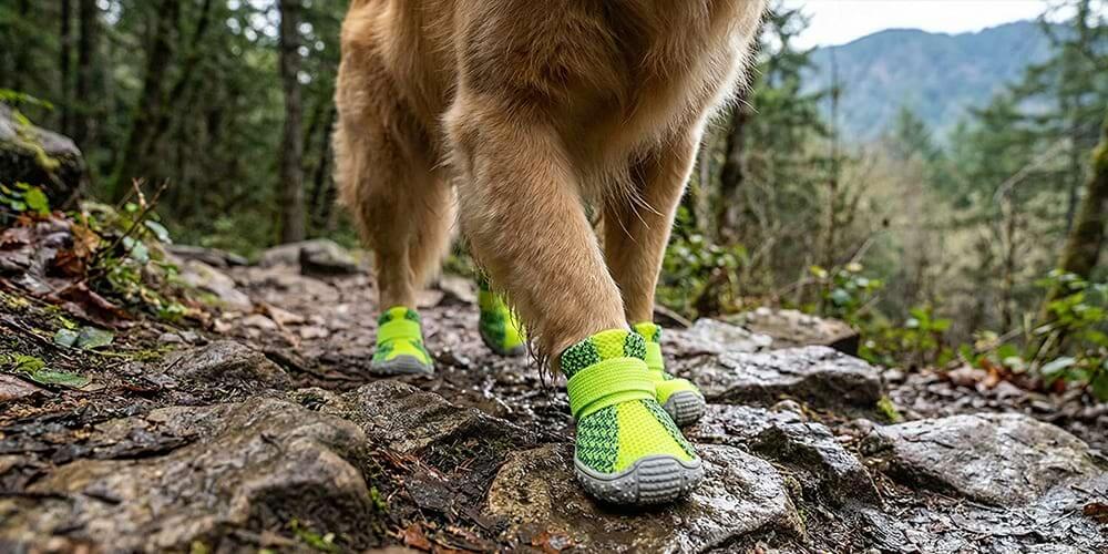 Close-up of dog paws wearing breathable green mesh dog boots walking on a rocky forest path.