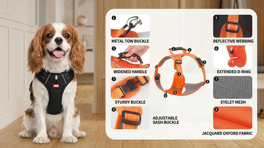 Breathable mesh dog harness features including a metal tow buckle, widened handle, reflective webbing, and jacquard oxford fabric.