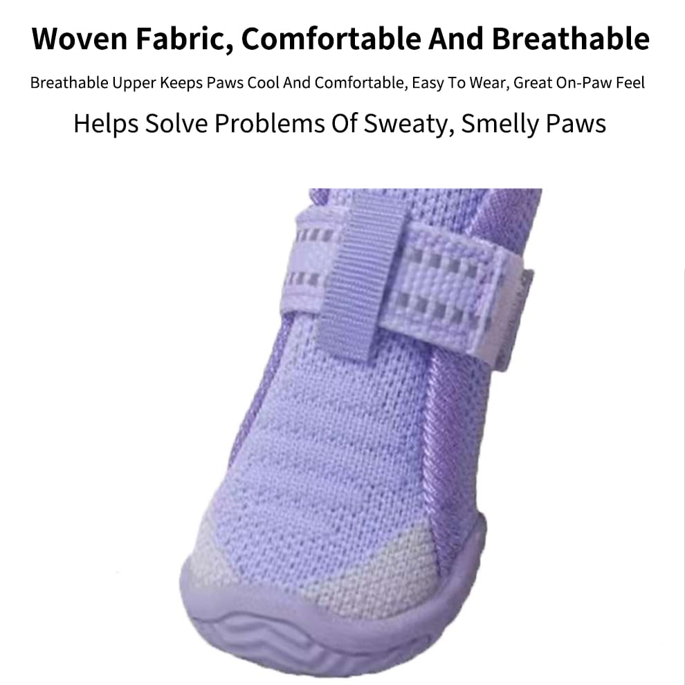 Close up of breathable woven fabric on purple Summer Dog Shoes designed to keep paws cool and prevent sweaty smelly feet.