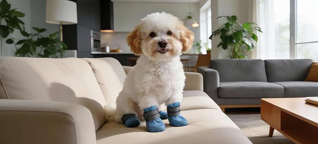 Small puppy sitting on a sofa wearing blue breathable dog shoes, designed as lightweight summer dog boots to protect sensitive paws from hot pavement and heat.