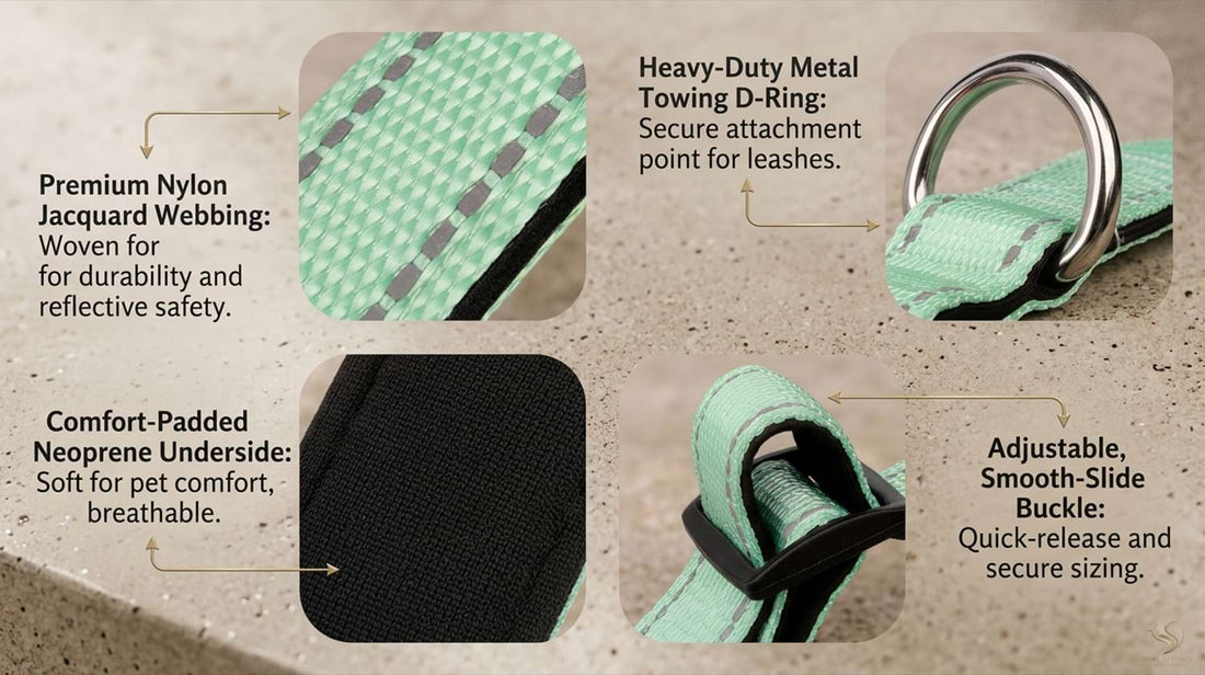 Breathable neoprene padded dog collar details, highlighting the comfort-padded underside, heavy-duty D-ring, and quick-release buckle.