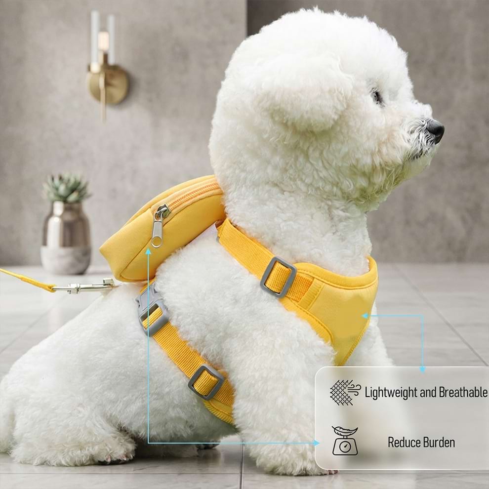 Breathable puppy backpack harness on a fluffy white dog, highlighting the ergonomic design that reduces burden on your pet's back.