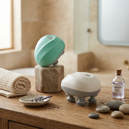 Calming cat spa massage tool displayed with lavender oil, creating a tranquil environment for your pet's wellness routine.
