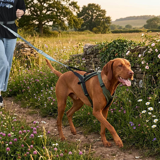 Canicross running dog harness worn by a Vizsla in a flower field, providing optimal freedom of movement and comfort during fast-paced runs.