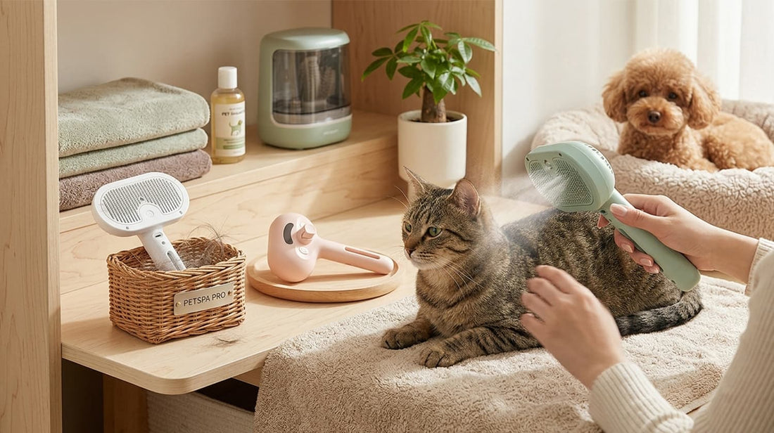 Cat steam brush in action, releasing a gentle mist to soothe your feline friend while effectively removing loose undercoat.